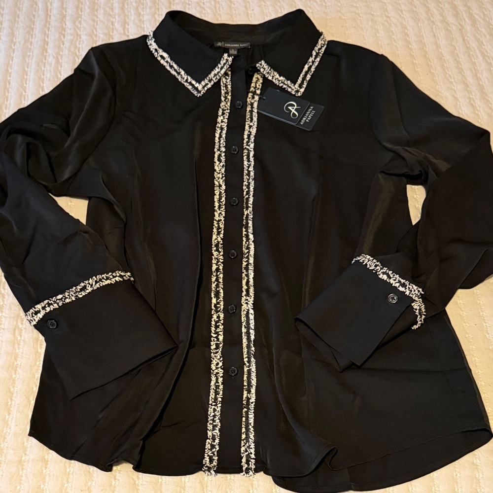 Adrianna Papell Women's Black Silky Top w/ Brocade Trim On Collar/Cuffs L NWT ❤️ - Picture 7 of 12